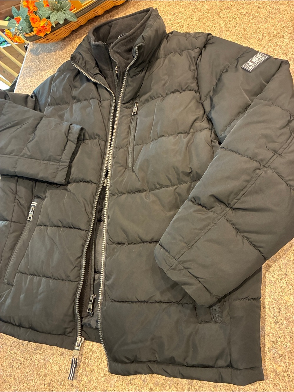 Nautica N83 Black Mixed Media Puffer Jacket XL Fleece Bib Vest Layered MUSTY